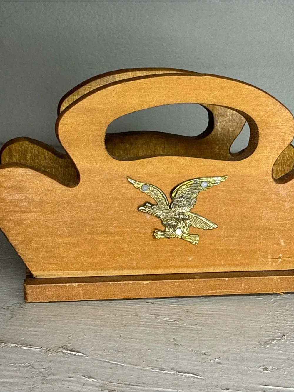 Wooden Napkin/Letter Holder with Gold Eagle Accent - Light Brown